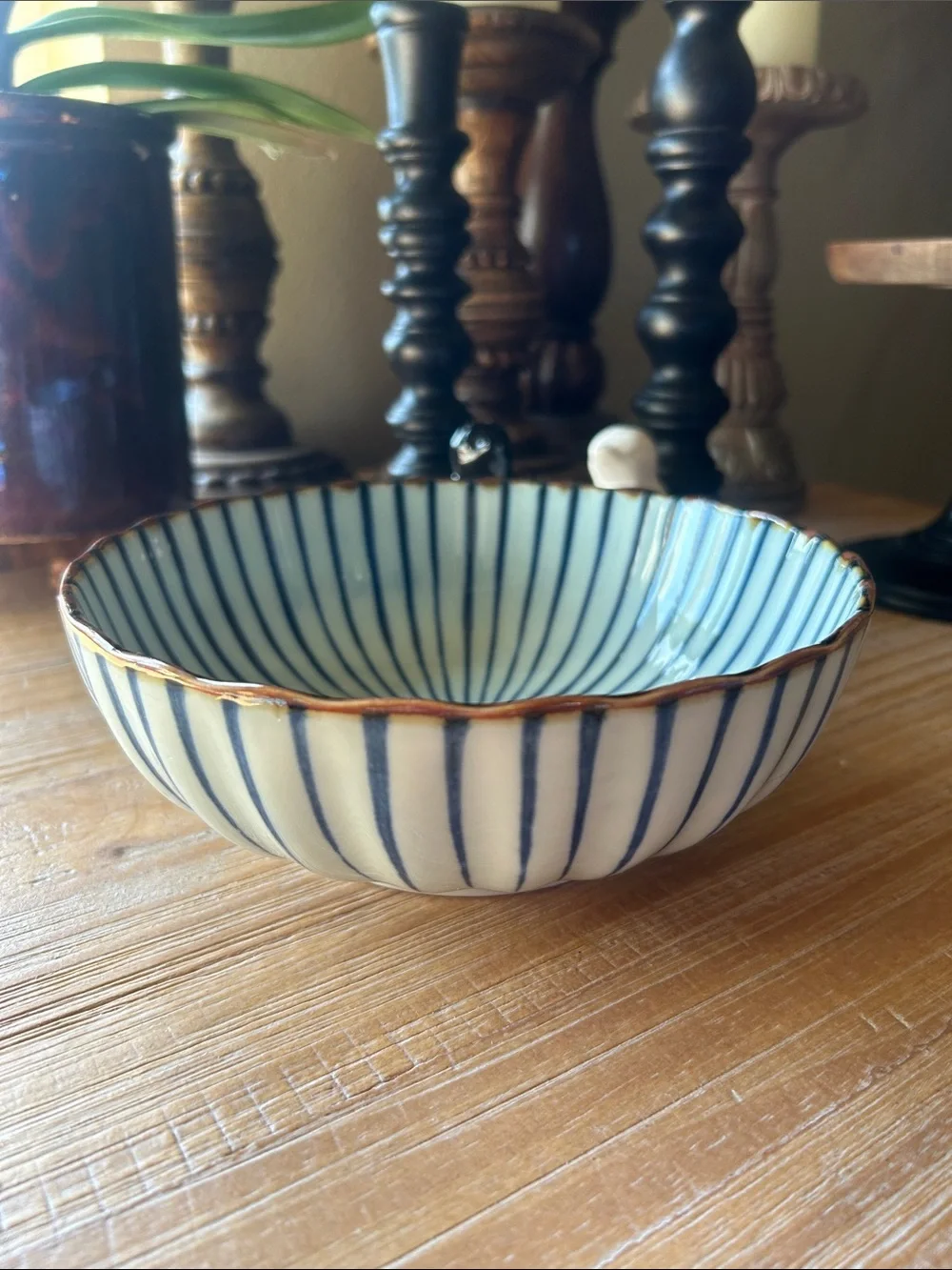 Vintage Japanese Tokusa Blue & White Fluted Ceramic Bowl.